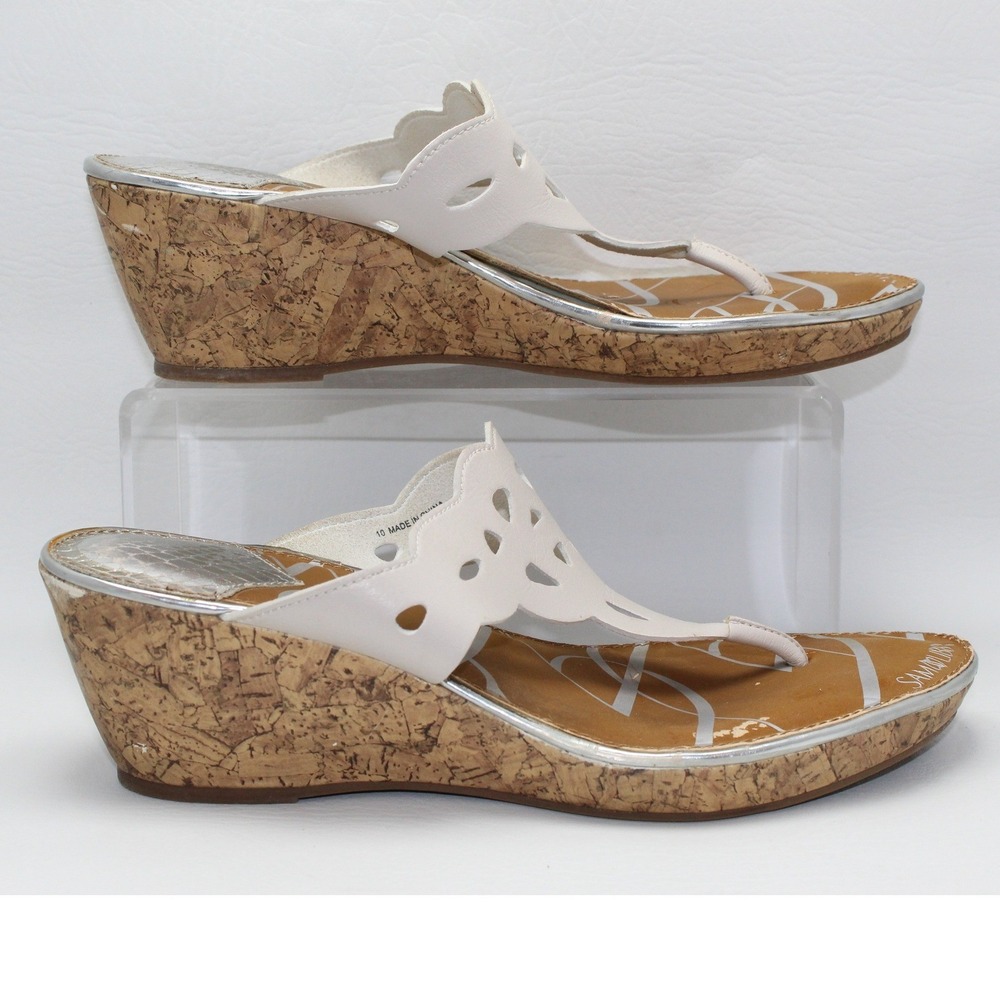 Sam & Libby Womens White Laser Cut Cork Wedge Thong Sandals Size 10